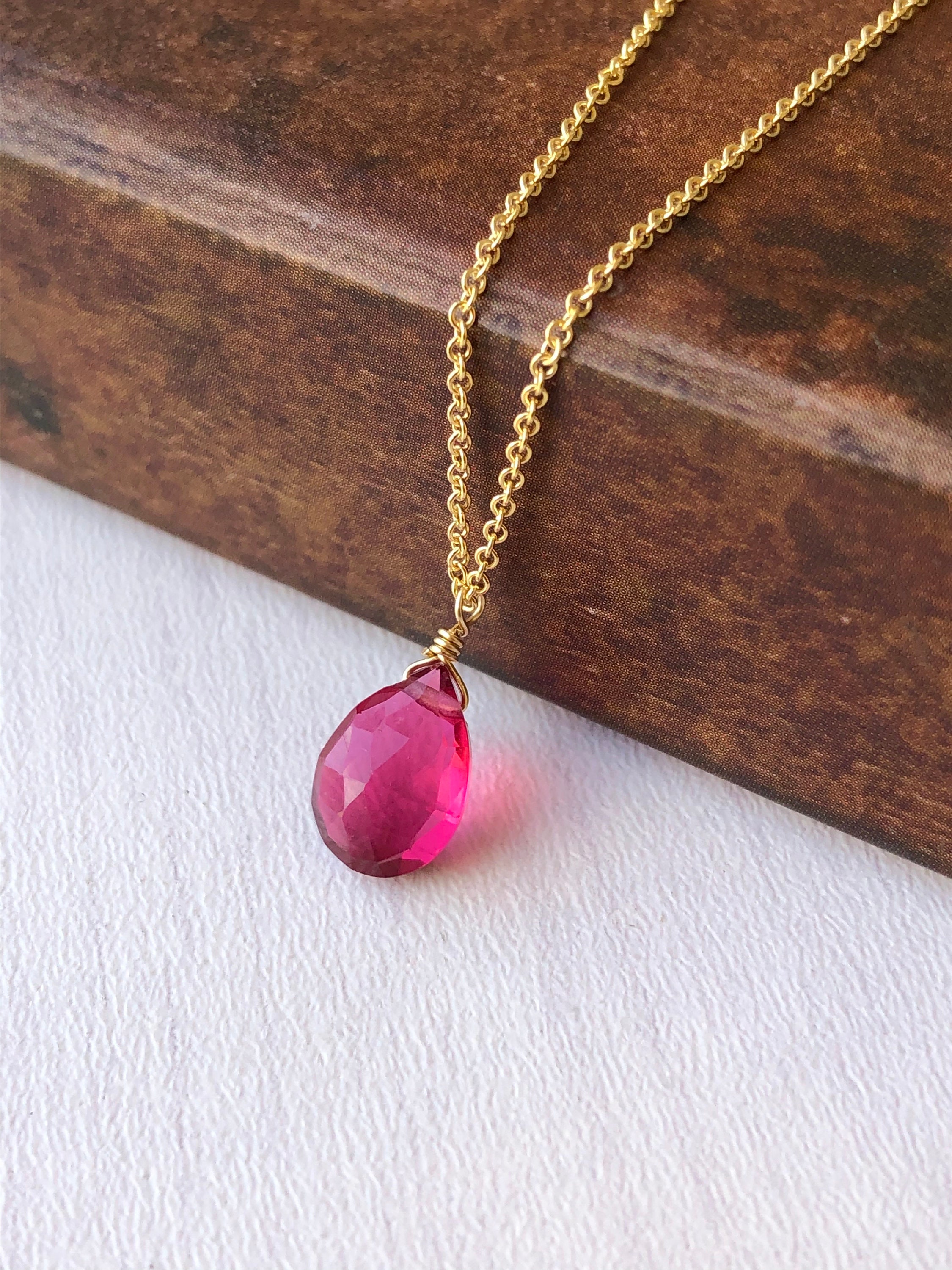 Pink Tourmaline Necklace, Hot Fuchsia Gold Necklace, October Birthstone, Simple Hot Pink Tiny Drop Necklace, Dainty Delicate Gift For Her