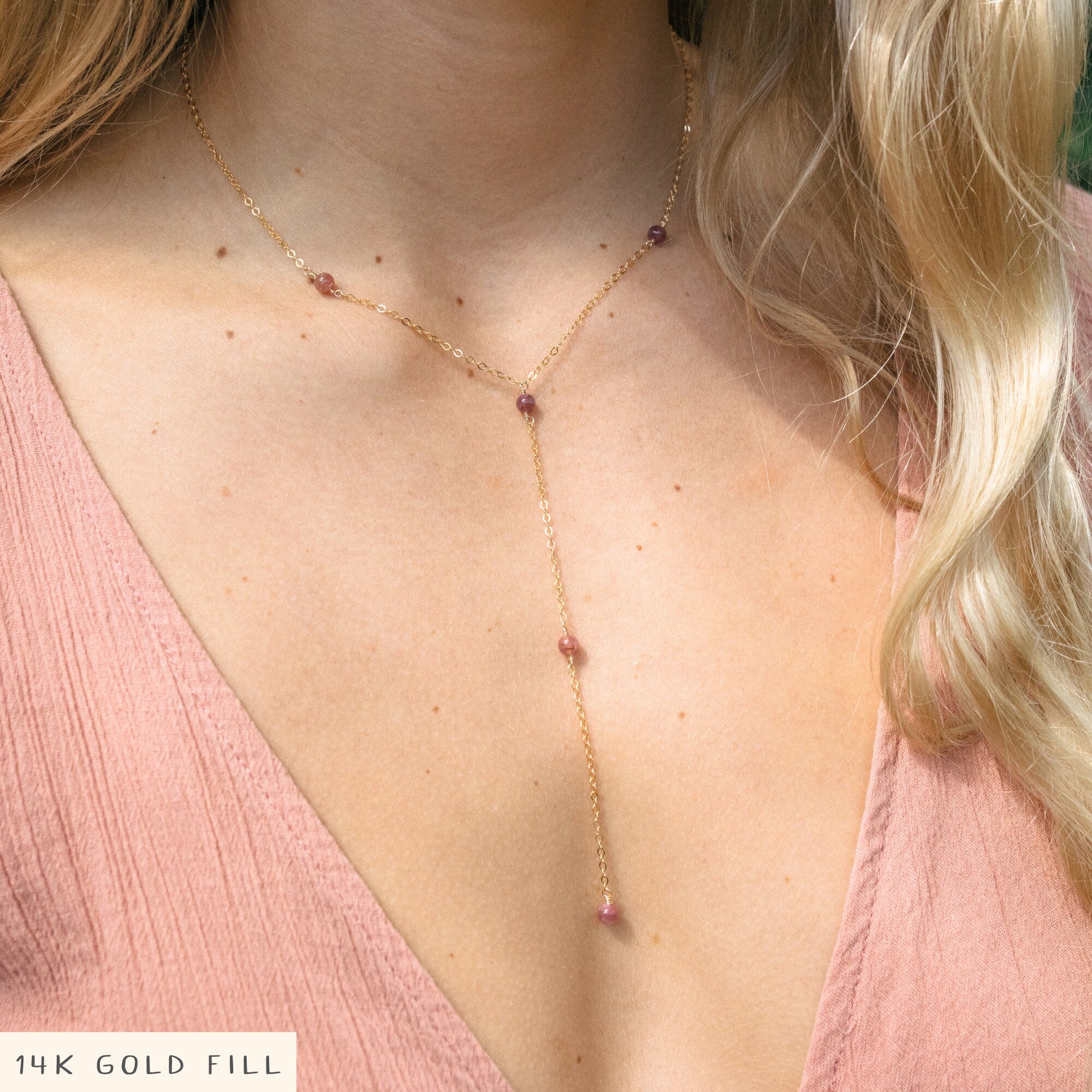 Pink Tourmaline Lariat Necklace, Handmade Bead Chain Y Necklace