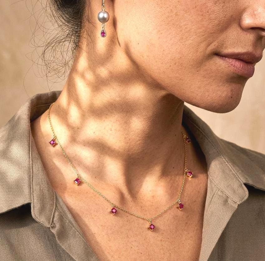Pink Tourmaline Layering Necklace, Fuchsia Diamond Shape Choker Necklace Gold Filled Or Sterling Silver, Minimalist Hot Pink Crystal Jewelry