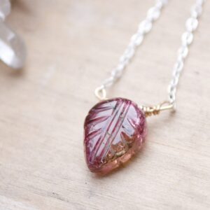 Pink Tourmaline Leaf Necklace: 14k Gold-Filled Wire Wrapped Gemstone, Hand Carved Gemstone