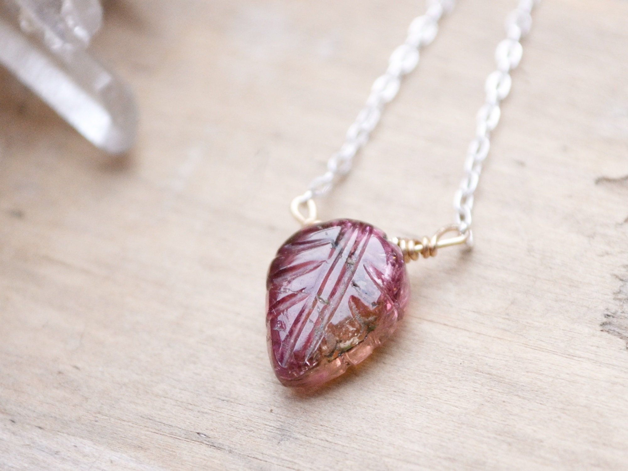 Pink Tourmaline Leaf Necklace: 14k Gold-filled Wire Wrapped Gemstone, Hand Carved Gemstone
