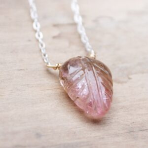 Pink Tourmaline Leaf Necklace: 14k Gold-Fill, Sterling Silver Chain, Hand Carved Gemstone