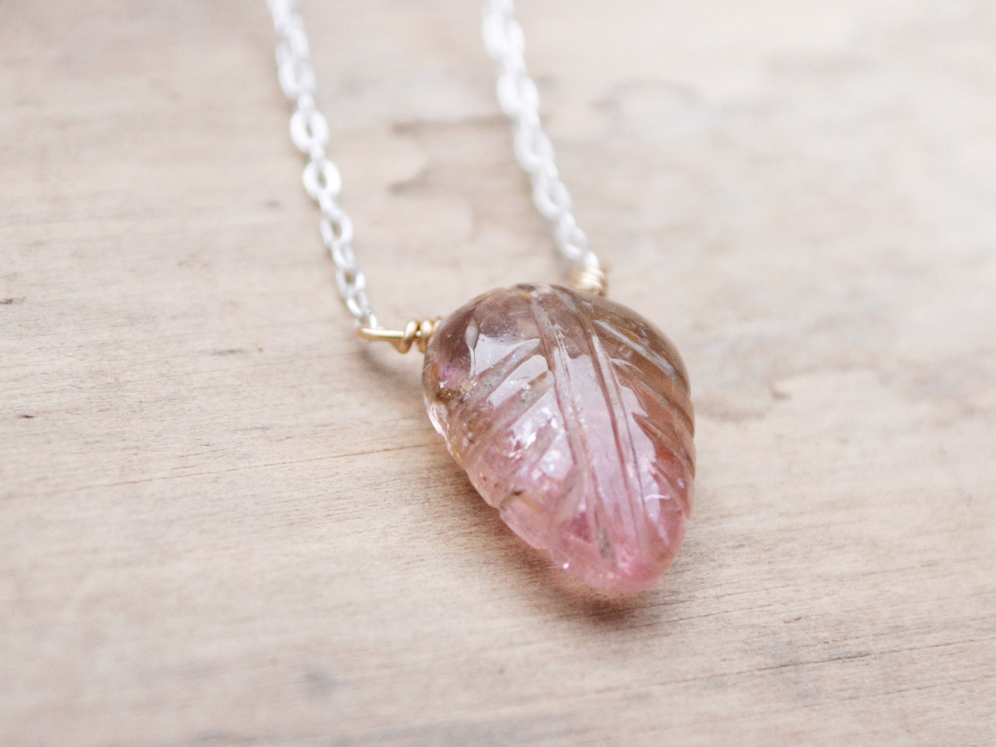 Pink Tourmaline Leaf Necklace: 14k Gold-fill, Sterling Silver Chain, Hand Carved Gemstone