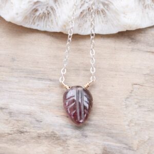 Pink Tourmaline Leaf Necklace: Hand Carved Gemstone, Dainty Layering Necklace