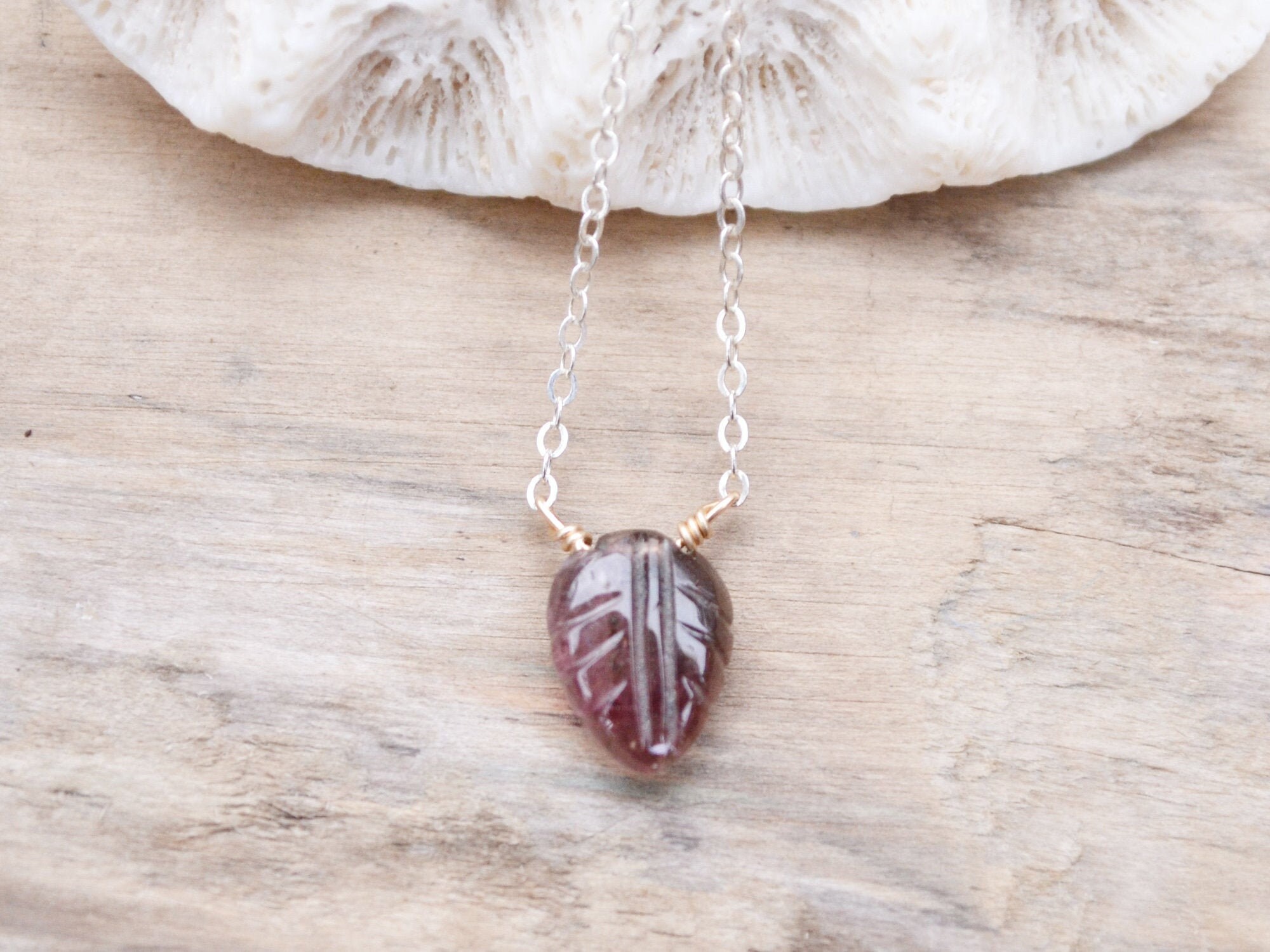 Pink Tourmaline Leaf Necklace: Hand Carved Gemstone, Dainty Layering Necklace Pink Tourmaline Leaf Necklace: Hand Carved Gemstone, Dainty Layering Necklace