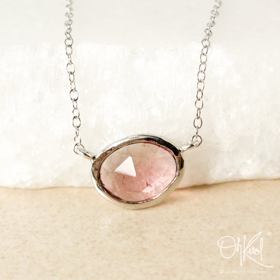 Light Cranberry/peach Pink Tourmaline Bezel Necklace - Sideway Necklace - Choose Your Setting