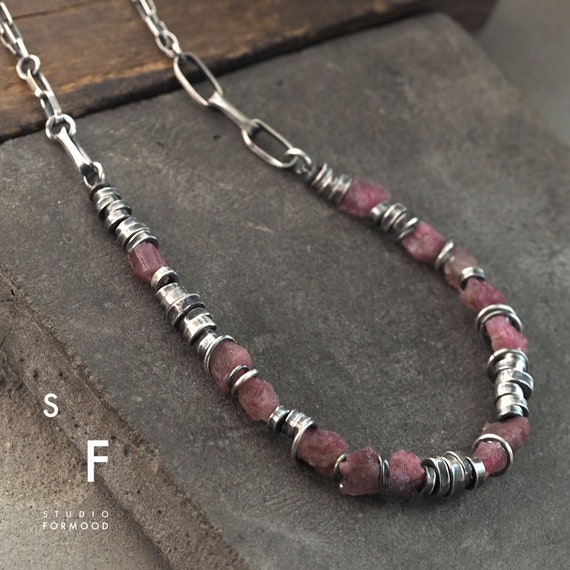 Necklace - Oxidized Sterling Silver & Raw Pink Tourmaline