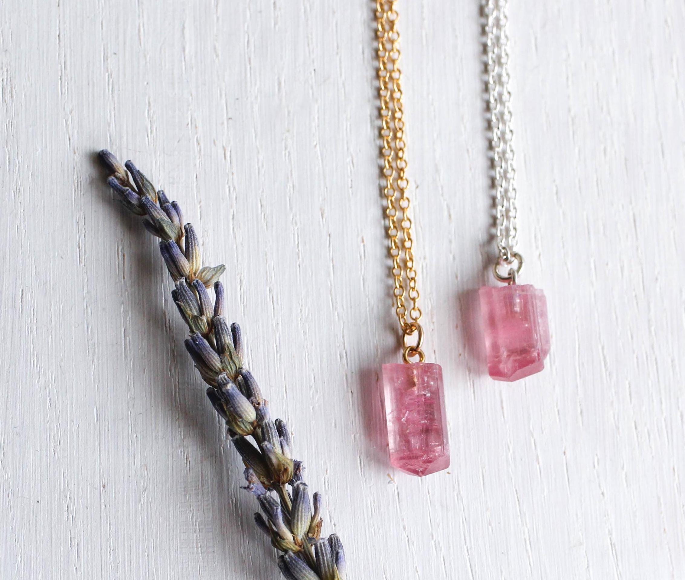 Raw Pink Tourmaline Necklace: Natural Rubellite Crystal, Libra Zodiac