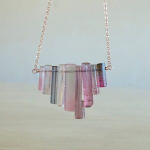 Raw Purple Pink Tourmaline Stick Necklace, Rose Gold Filled Chain