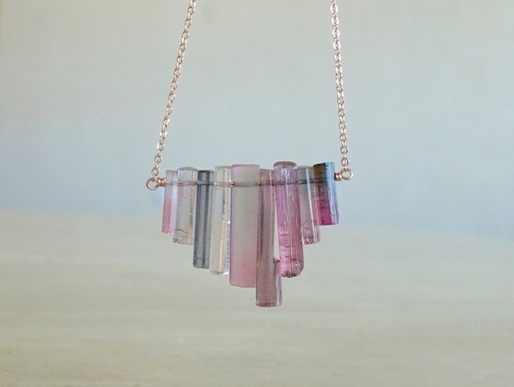 Raw Purple Pink Tourmaline Stick Necklace, Rose Gold Filled Chain