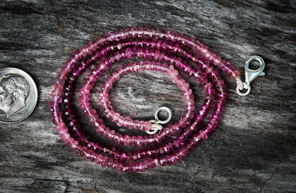 Pink Tourmaline Necklace: Sterling Silver Clasp, Micro Facet Rondelle Beads
