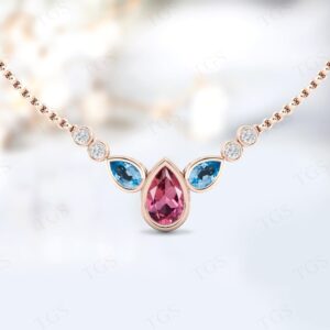 Unique Pink Tourmaline Necklace For Women 14k Gold Tear Drop Necklace For Her Art Deco Pear Shape Tourmaline Multi Gemstone Wedding Necklace
