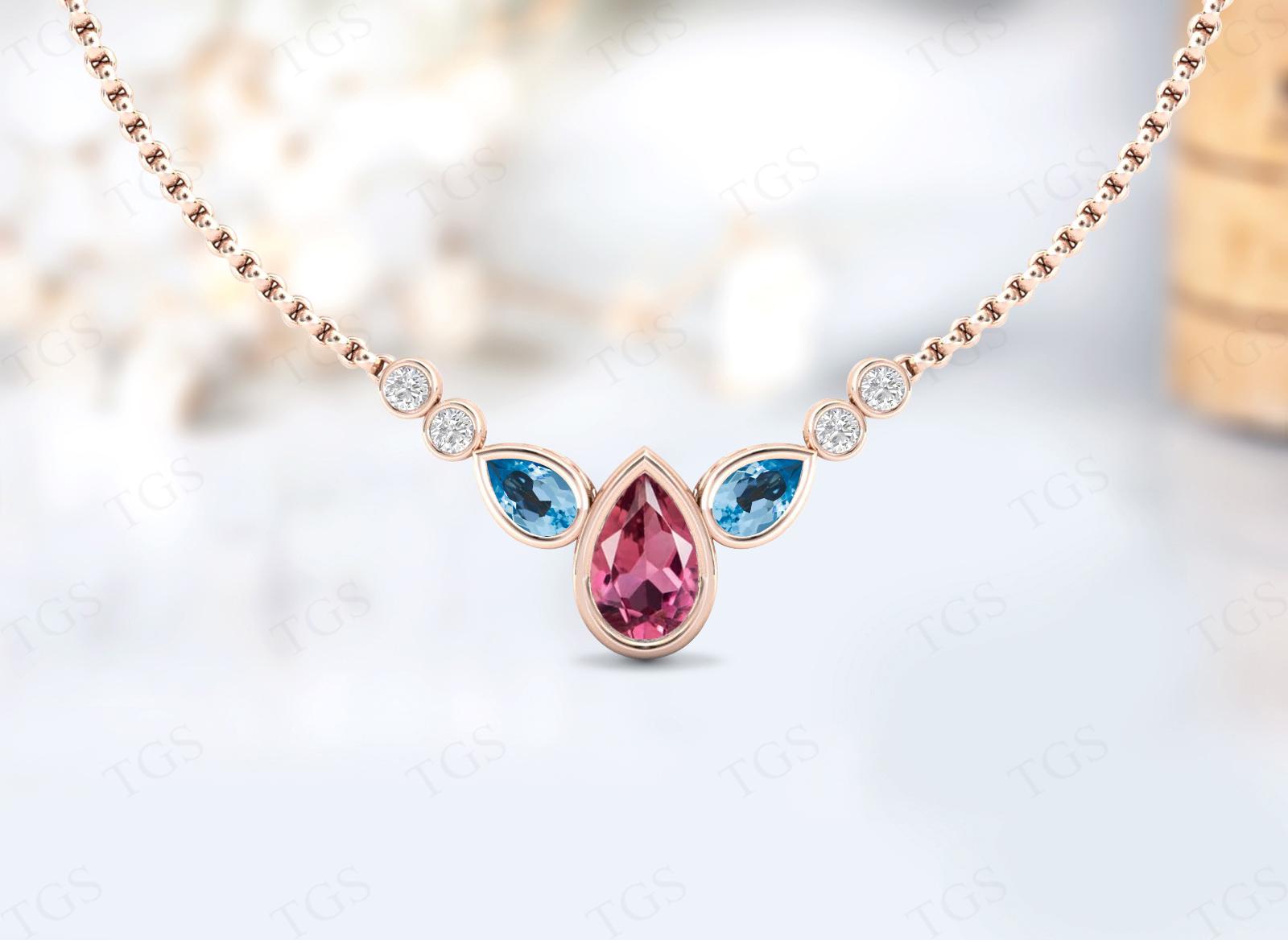Unique Pink Tourmaline Necklace For Women 14k Gold Tear Drop Necklace For Her Art Deco Pear Shape Tourmaline Multi Gemstone Wedding Necklace