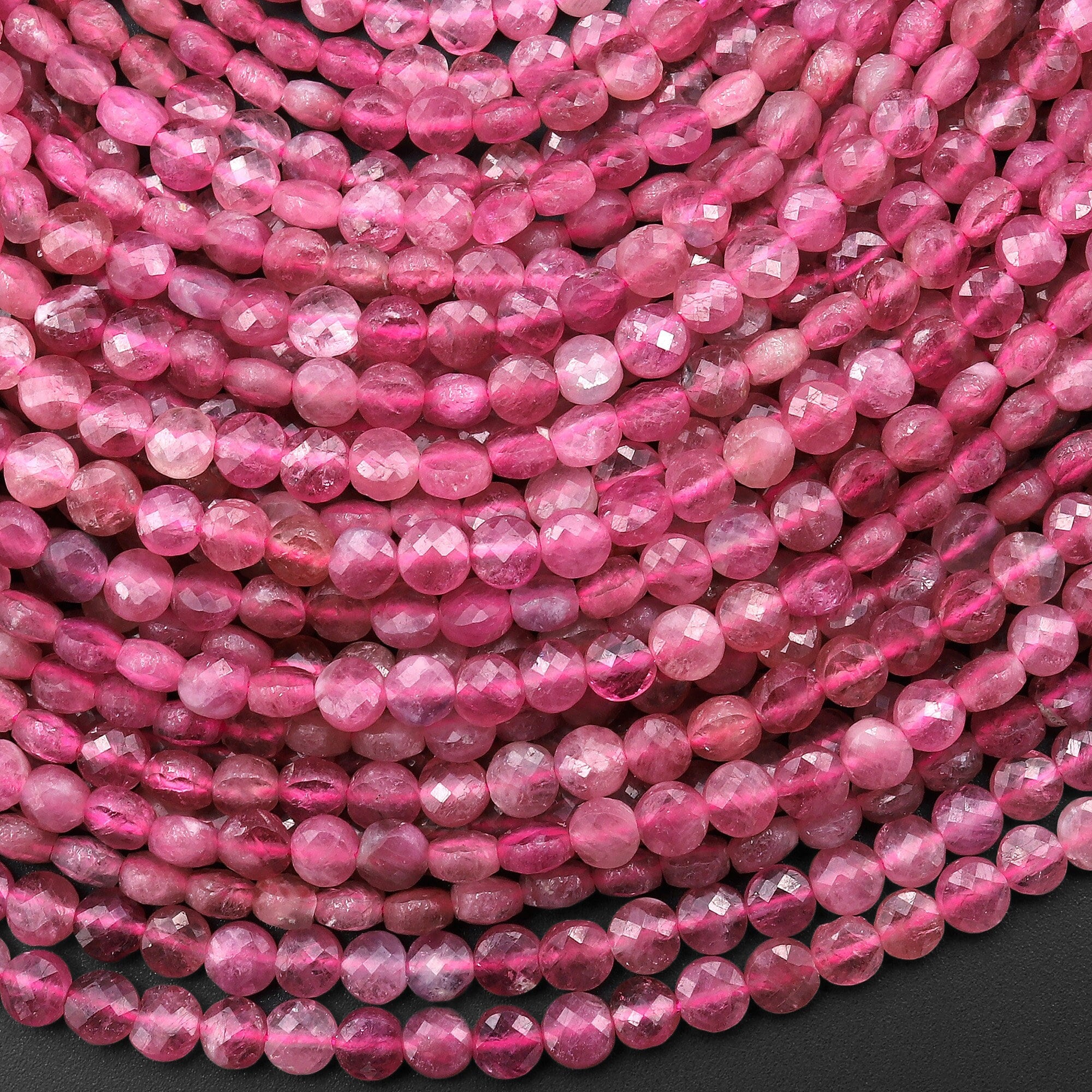 Aaa Faceted Natural Pink Tourmaline 4mm Coin Beads Gemstone 15.5" Strand