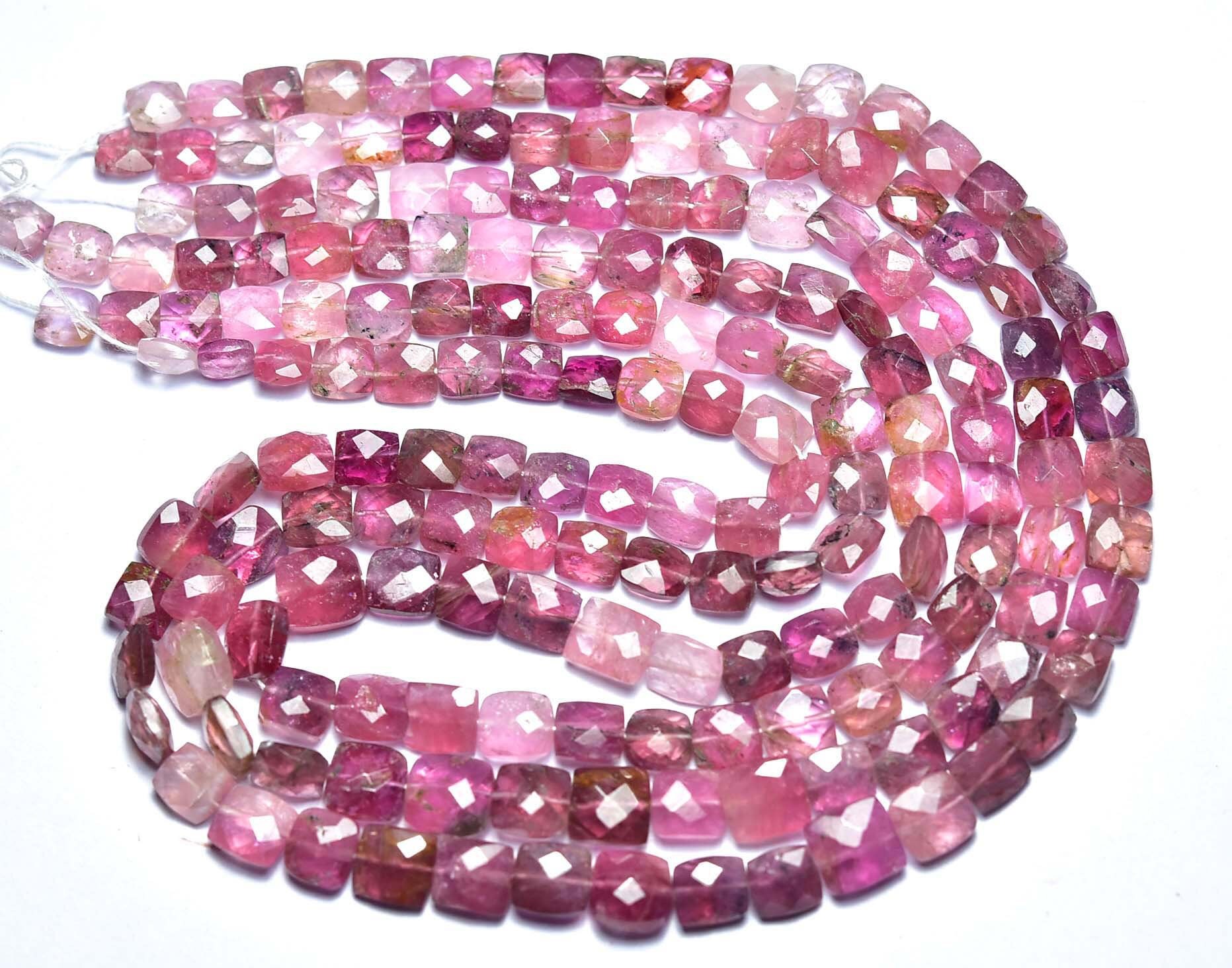 Beautiful Pink Tourmaline Cushion Beads - 7 Inches - Natural Faceted Rubellite Pink Tourmaline Cushion Briolette - Size Is 5 - 7mm #2144