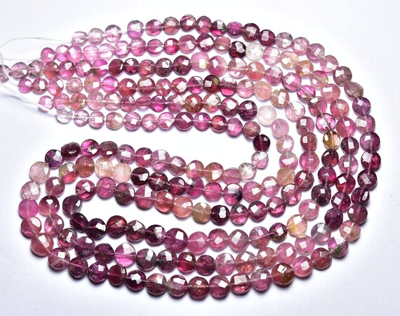 Pink Tourmaline Coin Beads - 14 Inches - Natural Beautiful Multi Tourmaline Faceted Coin Briolettes - Size Is 4.5 - 6 Mm #1956