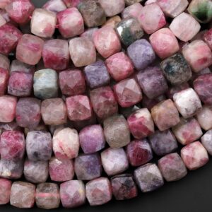 Natural Multicolor Pink Tourmaline Faceted 8mm 9mm 10mm Cube Dice Square Beads Micro Laser Diamond Cut Gemstone 15.5" Strand