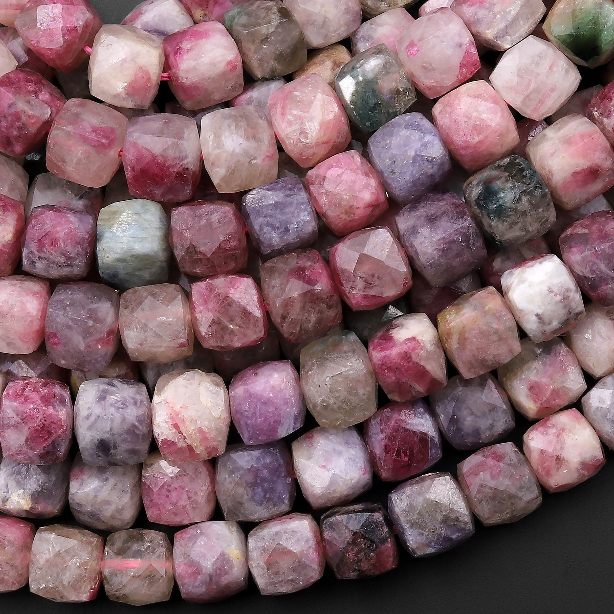 Natural Multicolor Pink Tourmaline Faceted 8mm 9mm 10mm Cube Dice Square Beads Micro Laser Diamond Cut Gemstone 15.5" Strand