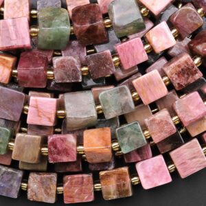 Natural Pink Tourmaline 6mm 8mm Square Cube Beads 15.5" Strand