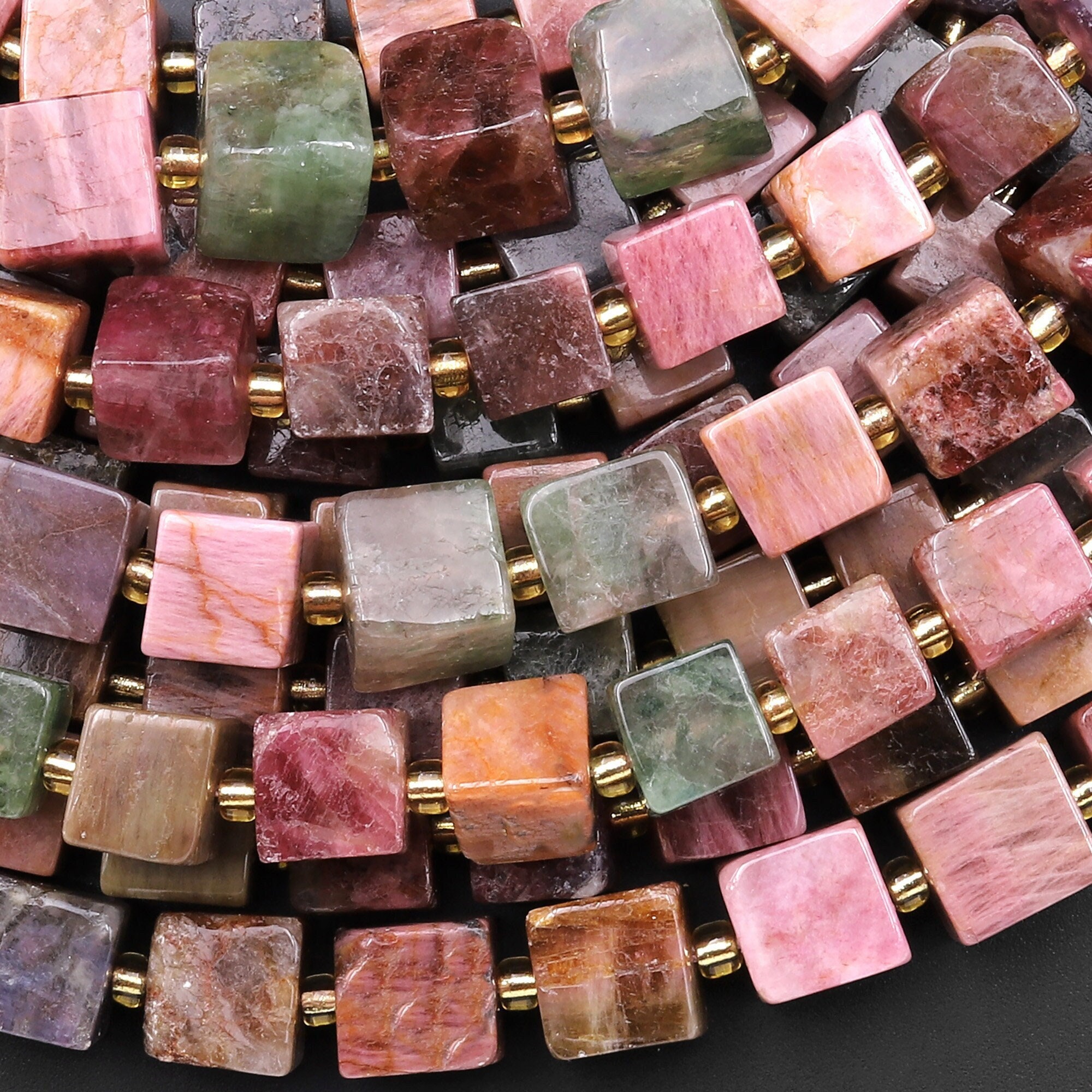 Natural Pink Tourmaline 6mm 8mm Square Cube Beads 15.5" Strand