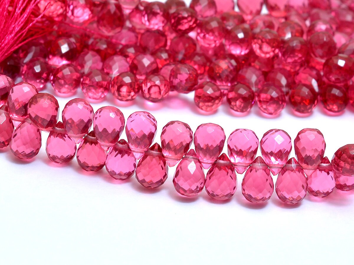 Rubellite Tourmaline Quartz 7x5mm Faceted Teardrop Briolette Beads | Pink Tourmaline Hydro Quartz Gemstone Drops Loose Beads | 7inch Strand