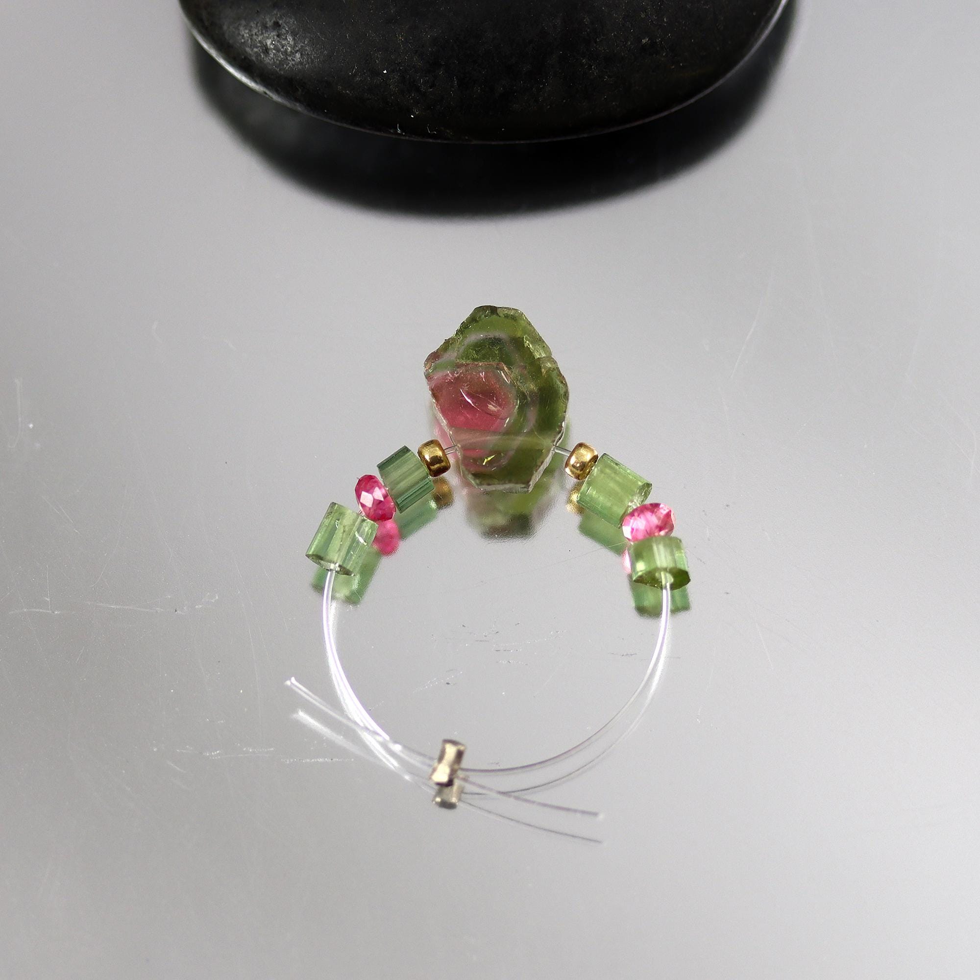 Watermelon Tourmaline Slice Briolette With Green And Pink Tourmaline Beads: Set Of 7 - 10 X 9 And 3mm