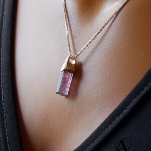 14 K Gold Raw Pink Tourmaline Pendant, Crystal Healing Necklace