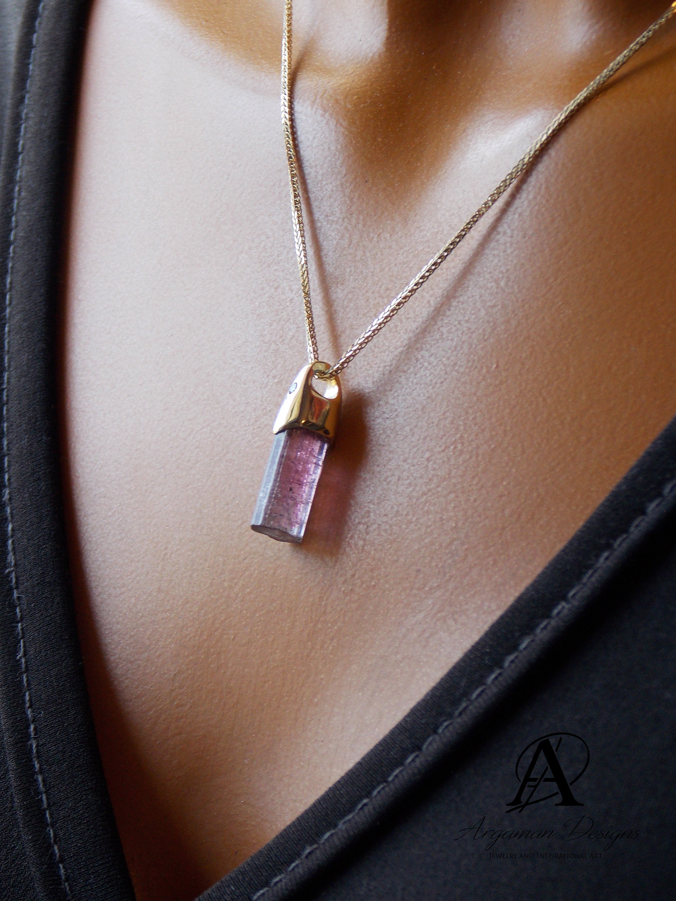 14 K Gold Raw Pink Tourmaline Pendant, Crystal Healing Necklace