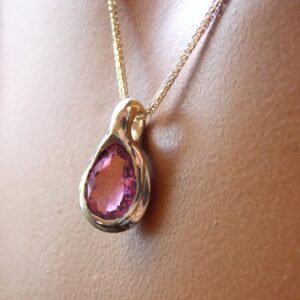 14k Gold Pink Tourmaline Pendant, Teardrop Gemstone Necklace