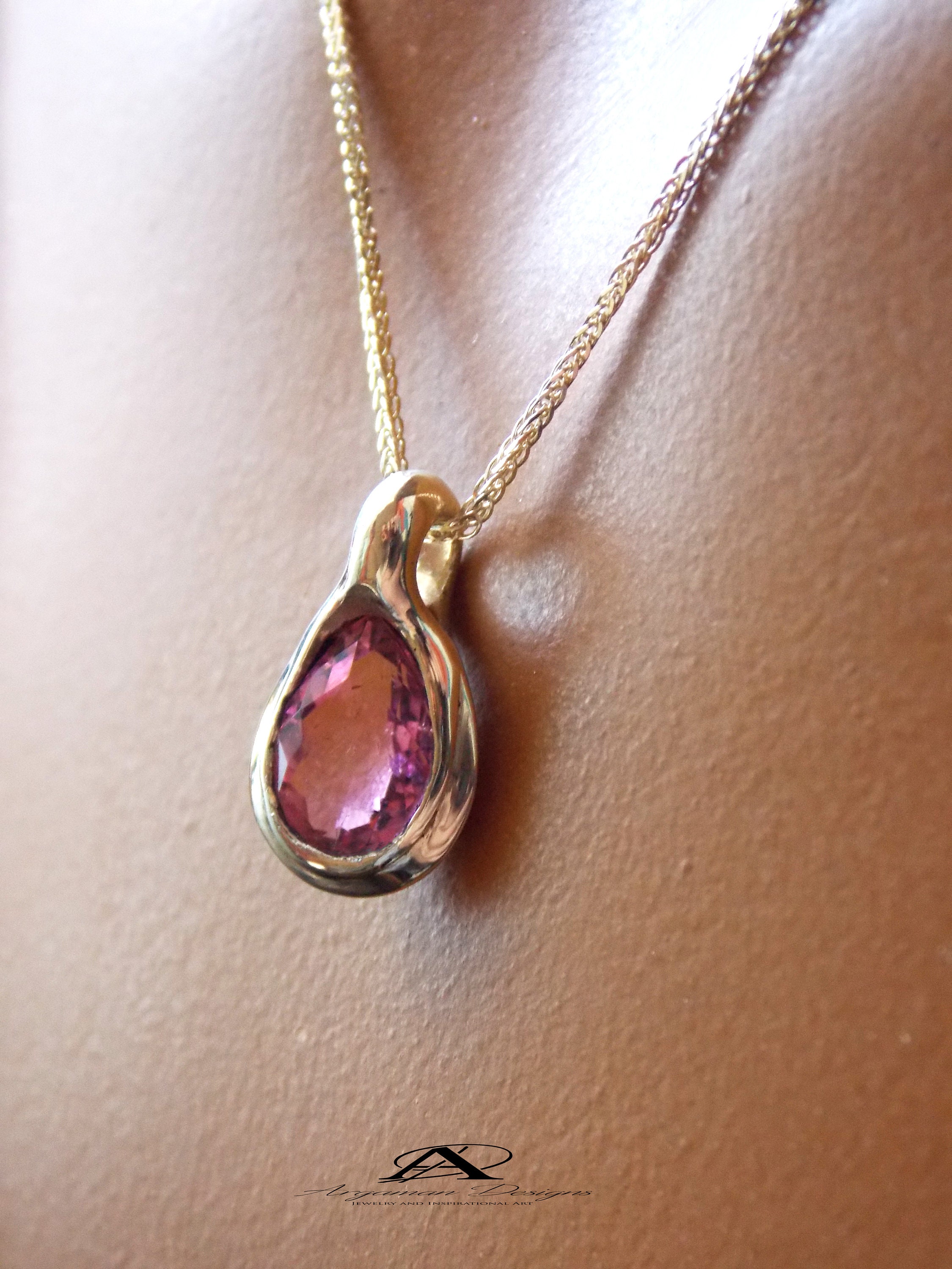 14k Gold Pink Tourmaline Pendant, Teardrop Gemstone Necklace