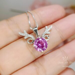 Deer Antler Pink Tourmaline Necklace - Sterling Silver 8mm Round Cut 2 Ct Pink Tourmaline Pendant #346
