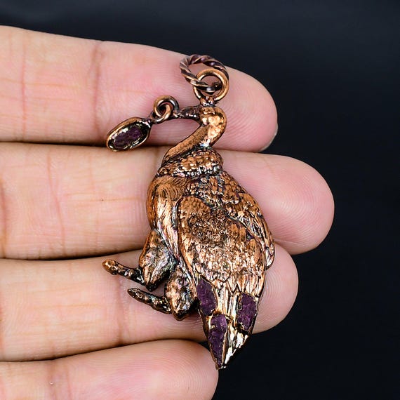 Electroformed Copper Peacock Pendant, Pink Tourmaline Gemstone Jewelry