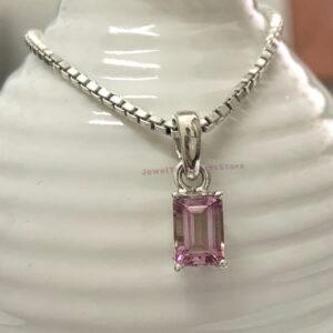 Emerald Cut Pink Tourmaline Pendant: 925 Sterling Silver Necklace