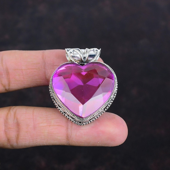 Handmade Heart Pink Tourmaline Pendant: Vintage 925 Sterling Silver