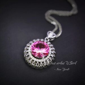 Large Pink Tourmaline Necklace - 18kgp @ Sterling Silver - Sunflower Necklace - 4 Ct Pink Tourmaline Pendant #587
