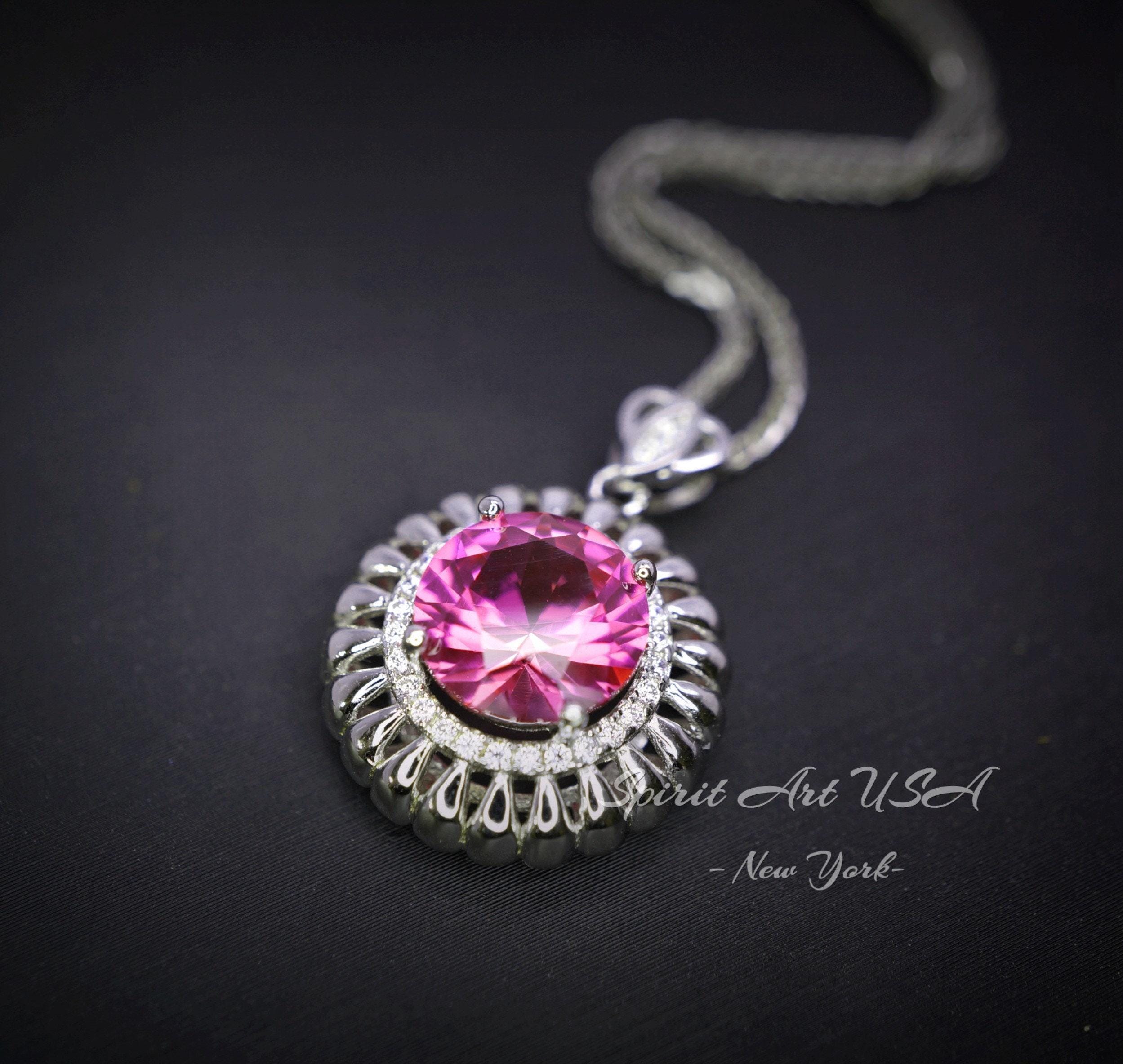 Large Pink Tourmaline Necklace - 18kgp @ Sterling Silver - Sunflower Necklace - 4 Ct Pink Tourmaline Pendant #587