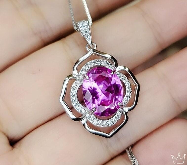Large Pink Tourmaline Necklace- Sterling Silver Gemstone Flower Of Life Pendant - Oval 4 Ct Wedding Bridal Pendant #630