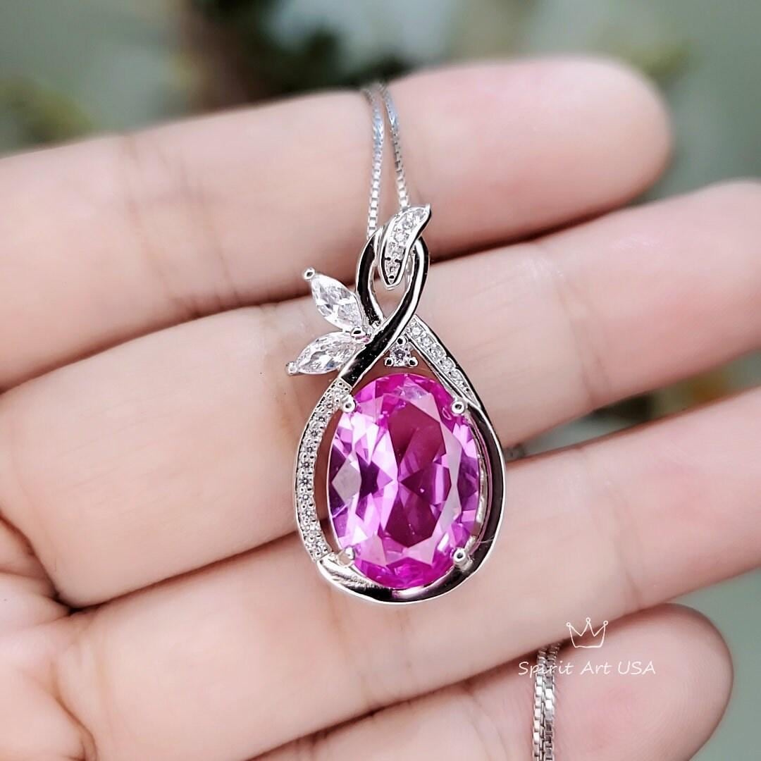 Large Pink Tourmaline Necklace - Leaf Oval 6 Ct Fuchsia Red Tourmaline Pendant - 18kgp @ Sterling Silver 1093