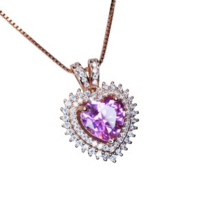 Pink Tourmaline Necklace - Double Halo Heart Rose Gold At Sterling Silver - 8mm 2 Ct Pink Tourmaline Pendant Jewelry #975