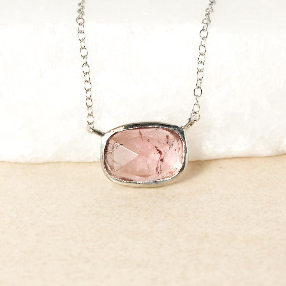Silver Light Pink Tourmaline Sideway Necklace, Horizontal Pendant, Choose Your Setting