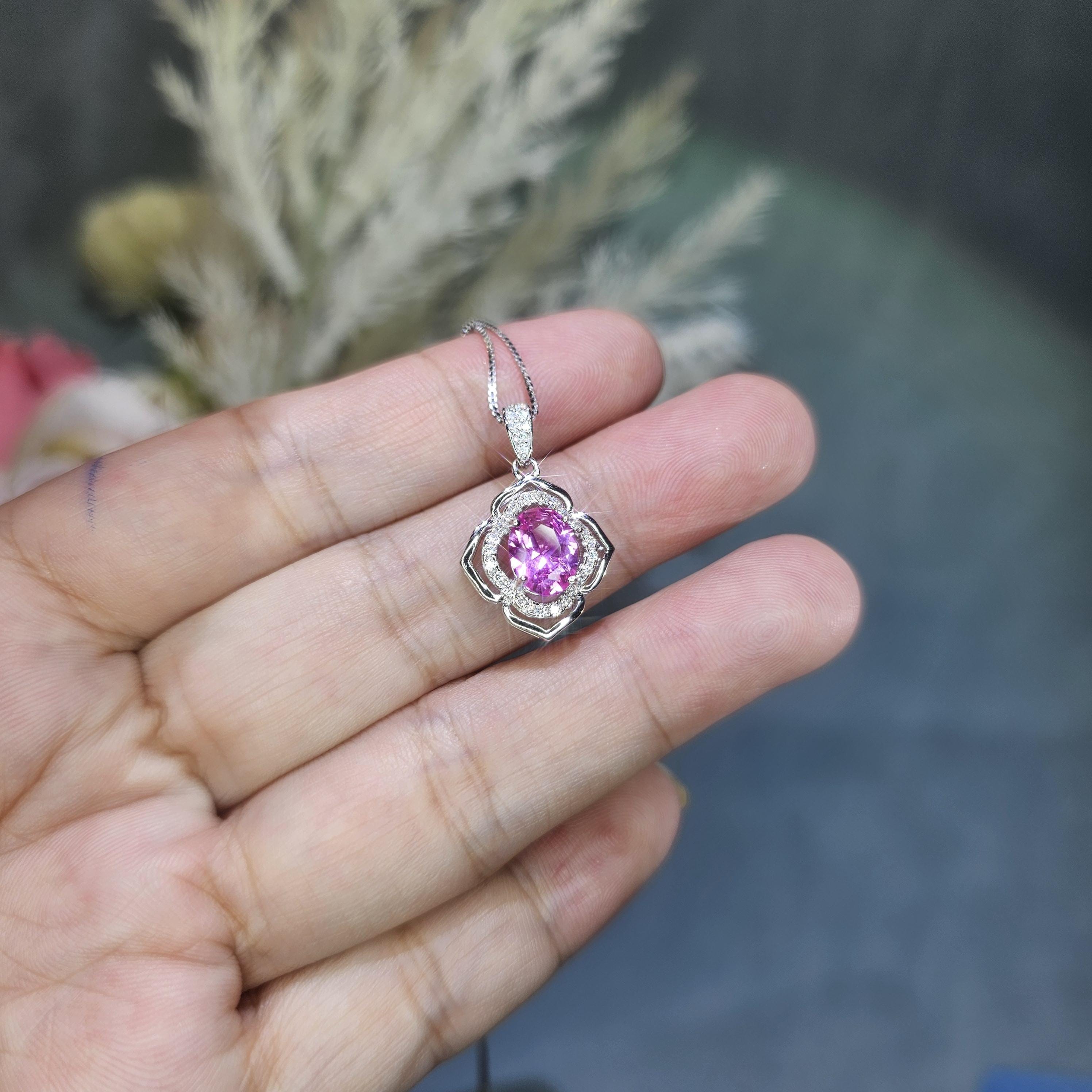 Small Pink Tourmaline Necklace- Sterling Silver Gemstone Flower Of Life Pendant - Oval 2 Ct Pink Tourmaline Jewelry #996