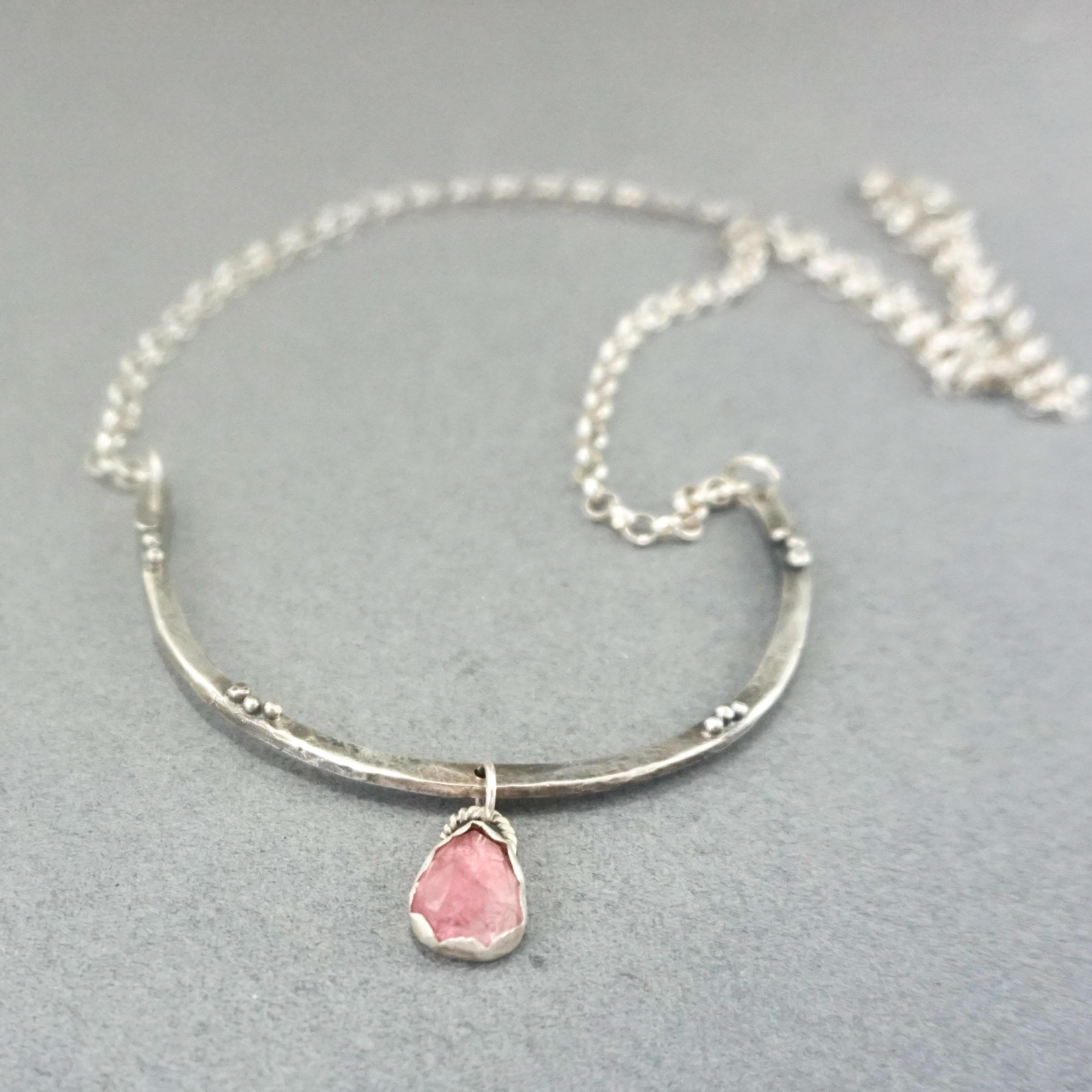 Sterling Silver Pink Tourmaline Bar Necklace, Granulation Jewelry, Rolo Chain, Delicate Charm Pendant