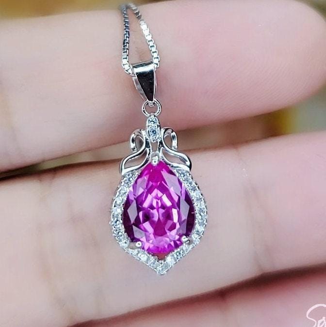 Teardrop Pink Tourmaline Necklace, Gemstone Halo Pink Gemstone Pendant, Sterling Silver White Gold Solitaire Fuchsia Gemstone Jewelry #196 Teardrop Pink Tourmaline Necklace, Gemstone Halo Pink Gemstone Pendant, Sterling Silver White Gold Solitaire Fuchsia Gemstone Jewelry #196