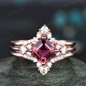 Asscher Cut Pink Tourmaline Ring Vintage Pink Tourmaline Engagement Ring Set 14k Rose Gold Moissanite Ring Unique Wedding Ring Set Women Asscher Cut Pink Tourmaline Ring Vintage Pink Tourmaline Engagement Ring Set 14k Rose Gold Moissanite Ring Unique Wedding Ring Set Women