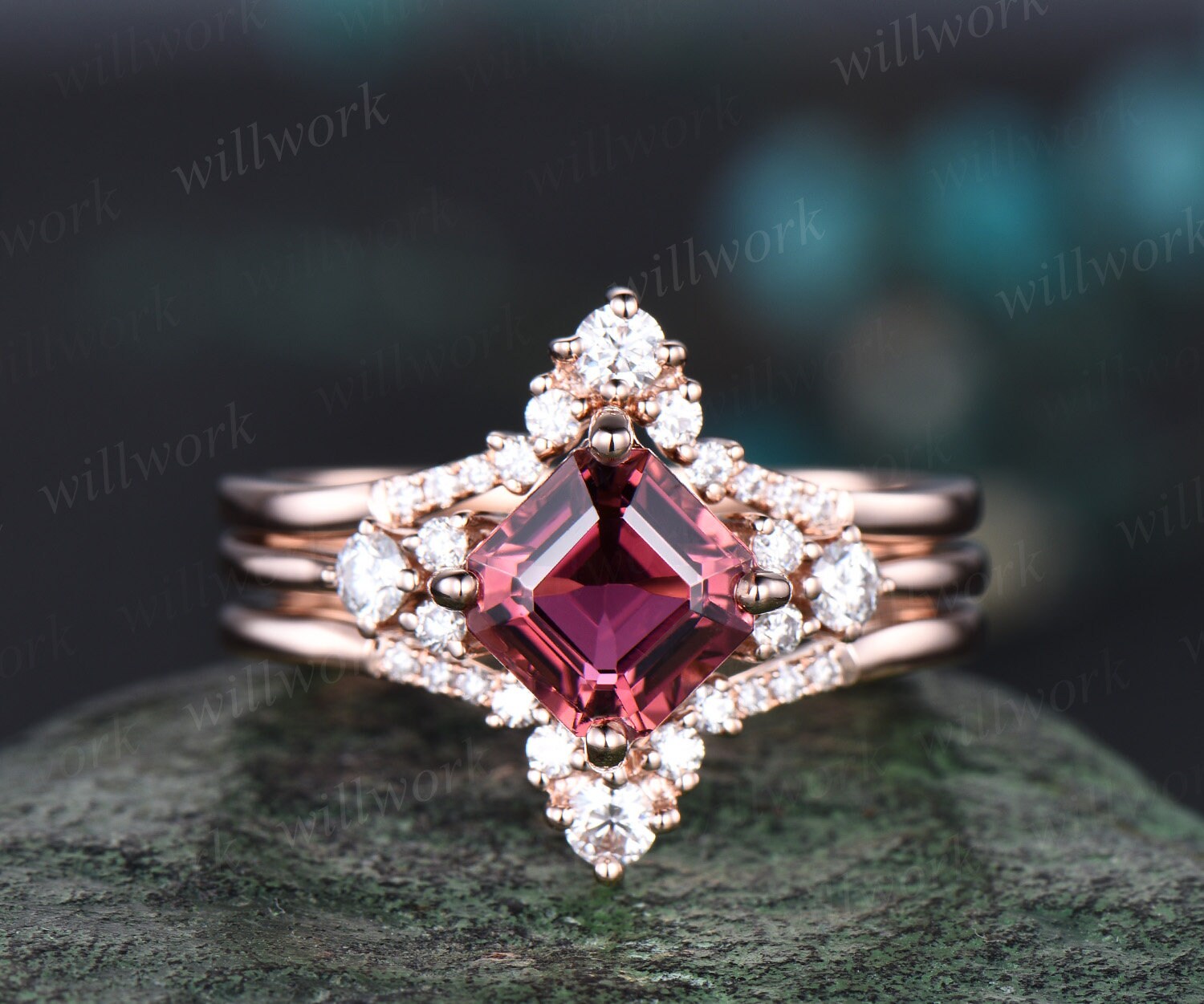 Asscher Cut Pink Tourmaline Ring Vintage Pink Tourmaline Engagement Ring Set 14k Rose Gold Moissanite Ring Unique Wedding Ring Set Women Asscher Cut Pink Tourmaline Ring Vintage Pink Tourmaline Engagement Ring Set 14k Rose Gold Moissanite Ring Unique Wedding Ring Set Women
