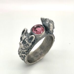 Pink Tourmaline Cat Ring, Sterling Silver, Round Rubellite Gemstone, Kitten Ring, Size 7 Pink Tourmaline Cat Ring, Sterling Silver, Round Rubellite Gemstone, Kitten Ring, Size 7