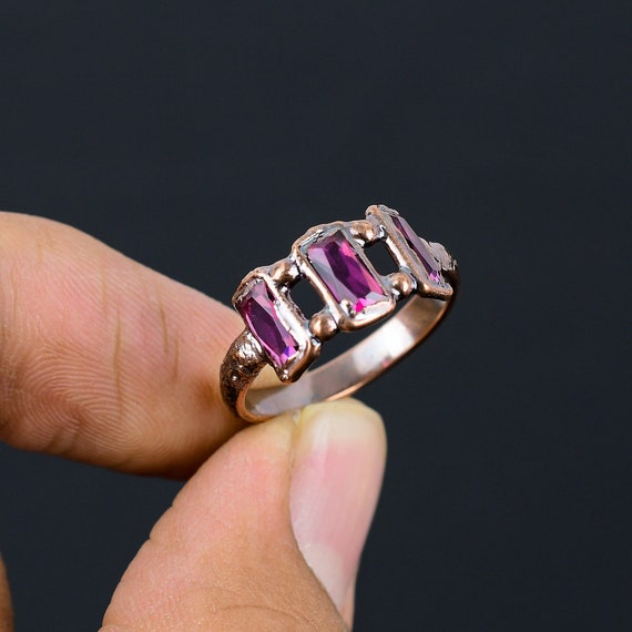 Electroformed Copper Ring With Pink Tourmaline Gemstones