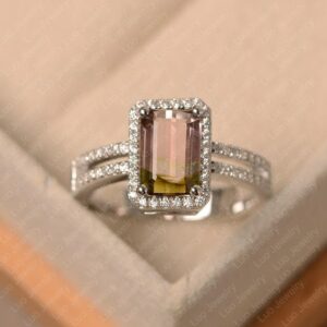Pink Tourmaline Ring, Emerald Cut October Birthstone Ring, White Gold Wedding Ring For Women Pink Tourmaline Ring, Emerald Cut October Birthstone Ring, White Gold Wedding Ring For Women