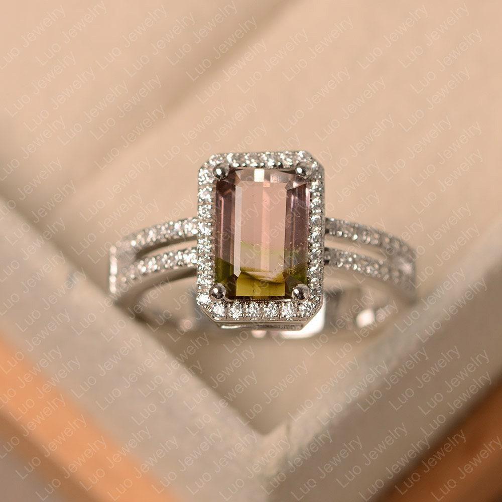 Pink Tourmaline Ring, Emerald Cut October Birthstone Ring, White Gold Wedding Ring For Women