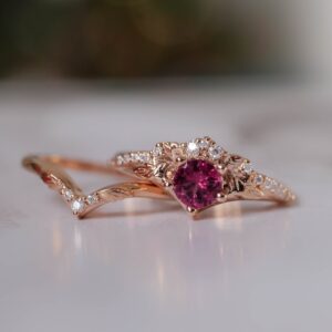 Pink Tourmaline Engagement Ring Set, Gold Leaf Wedding Bands Pink Tourmaline Engagement Ring Set, Gold Leaf Wedding Bands
